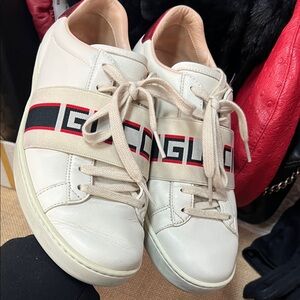 Gucci Cream Sneakers with Red and Black Logo Stripes